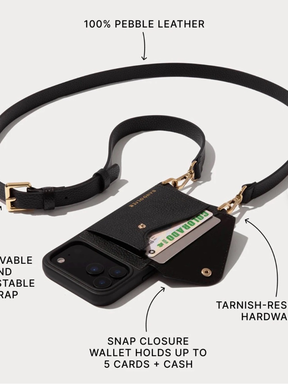 Bandolier Black & Gold Leather Card Case with Strap for iPhone 15 Pro - Picture 5 of 5